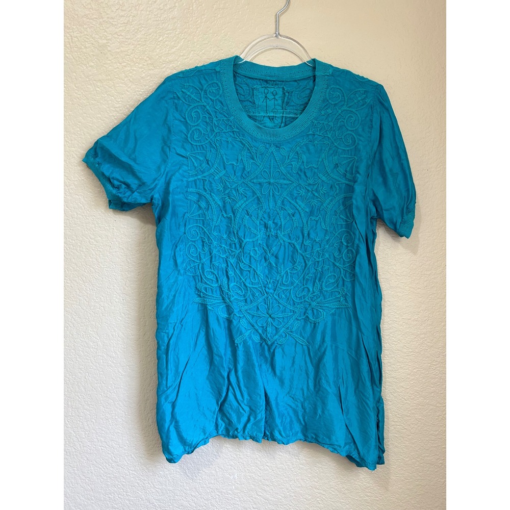 Johnny Was Small Shirt Green Teal Blue Cupra Embroidered Boho Vintage Cottage